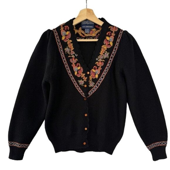 80s Vintage Herman Geist Black Wool Hand Embroidered Cardigan Sweater Size Small - Picture 1 of 5